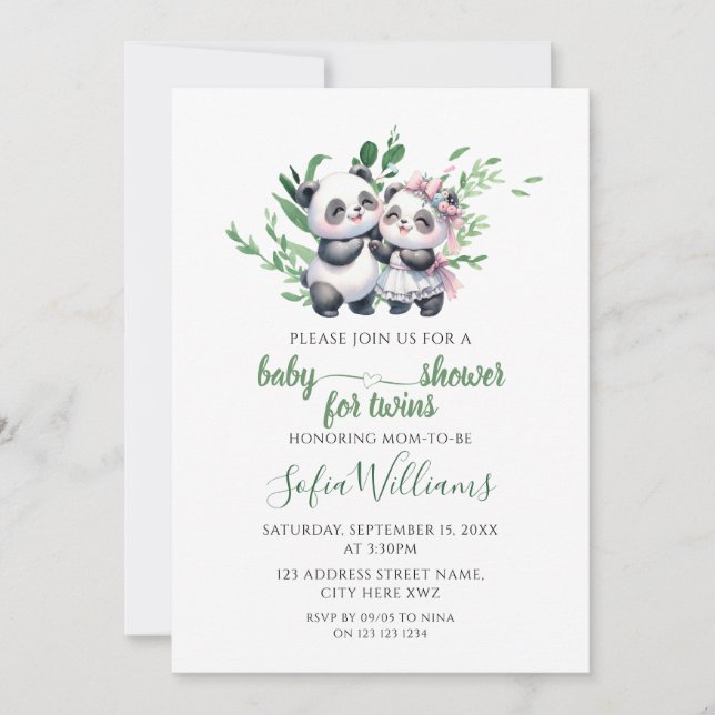 Invitación Vegetación acuática Cute Panda Twins Baby Boy (Anverso)