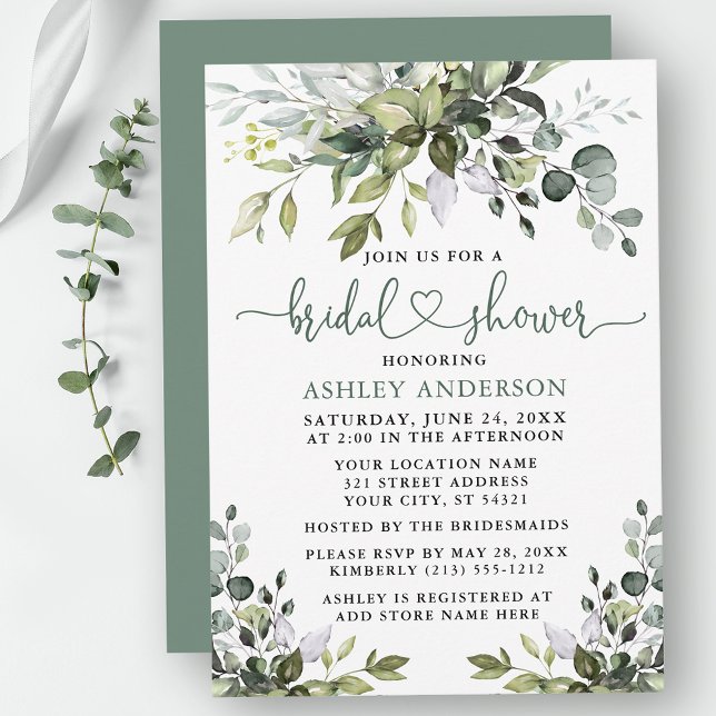 Invitación Vegetación acuática Ducha de novia Sage Corazón Ve (Customize to change your personalized text color, text style or color of back of card.)
