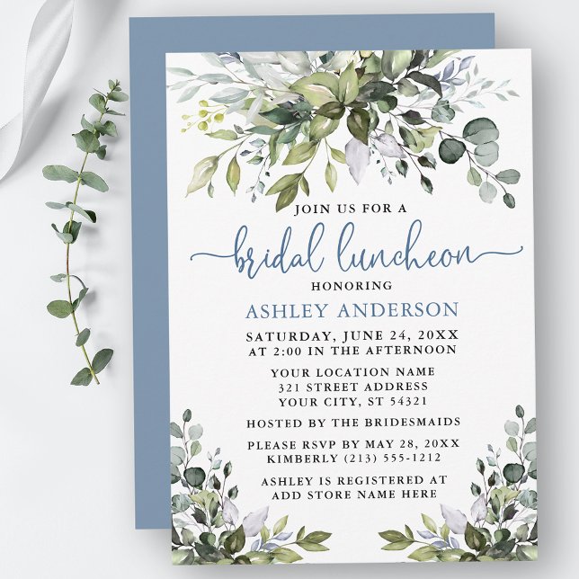 Invitación Vegetación acuática Dusty Blue Bridal Luncheon (Customize to change your personalized text color, text style or color of back of card.)