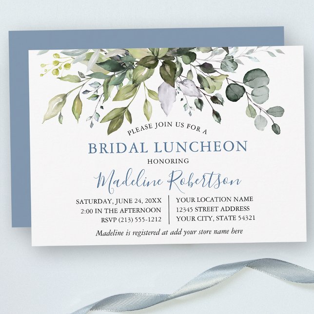Invitación Vegetación acuática Dusty Blue Bridal Luncheon (Customize to change text color, text style or color of back of card.)
