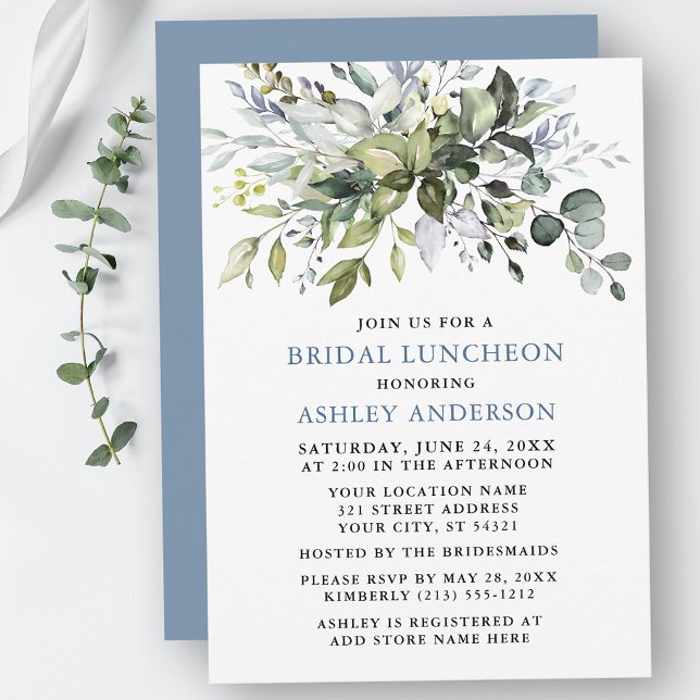 Invitación Vegetación acuática Dusty Blue Bridal Luncheon (Customize to change text color, text style or color of back of card.)