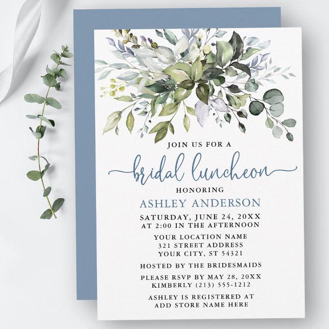Invitación Vegetación acuática Dusty Blue Bridal Luncheon (Customize to change your personalized text color, text style or color of back of card.)