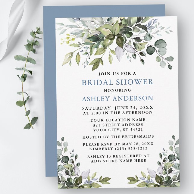 Invitación Vegetación acuática Dusty Blue Bridal Shower (Customize to change text color, text style or color of back of card.)