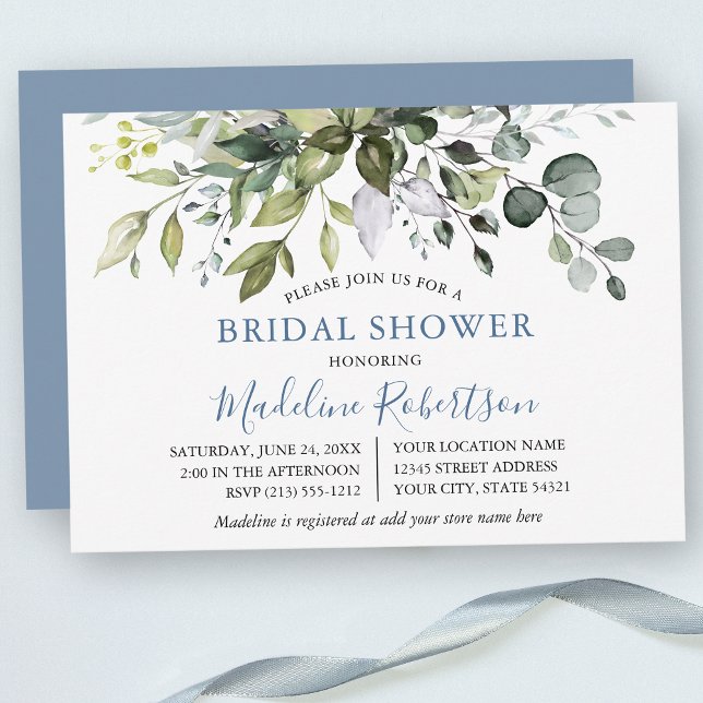 Invitación Vegetación acuática Dusty Blue Bridal Shower (Customize to change text color, text style or color of back of card.)