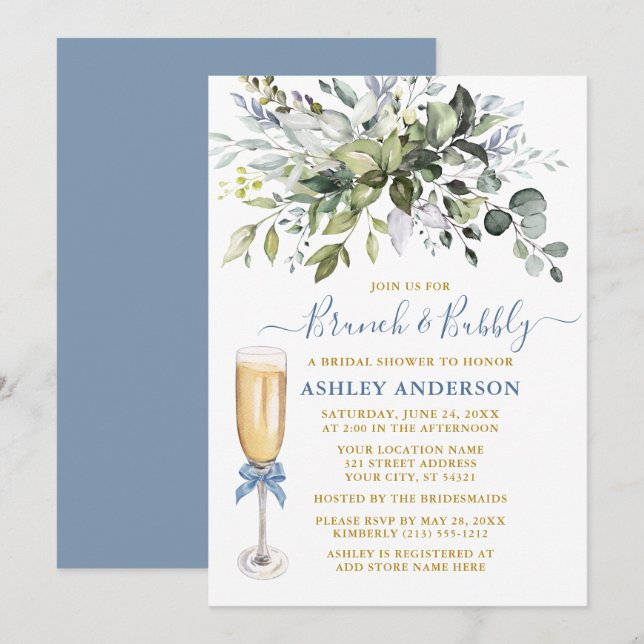 Invitación Vegetación acuática Dusty Blue Brunch Bubbly (Anverso / Reverso)