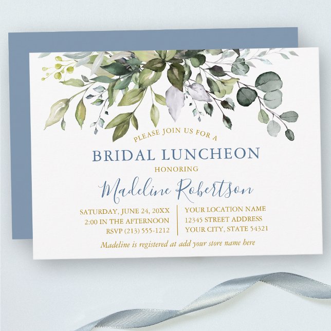 Invitación Vegetación acuática Dusty Blue Gold Bridal Lunch (Customize to change text color, text style or color of back of card.)