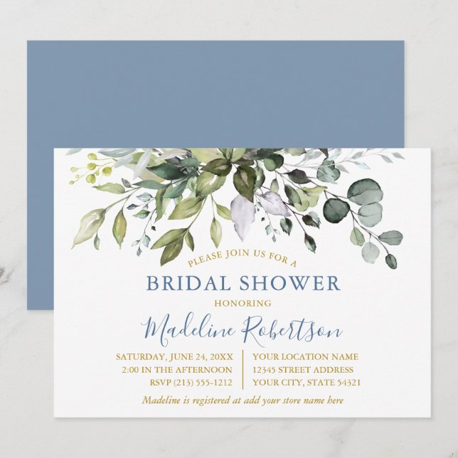 Invitación Vegetación acuática Dusty Blue Gold Bridal Shower (Anverso / Reverso)