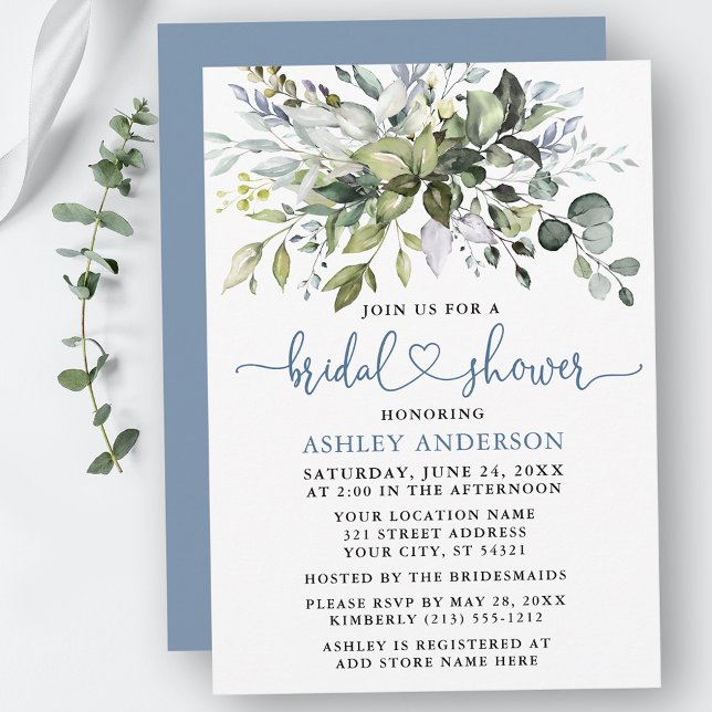 Invitación Vegetación acuática Dusty Blue Heart Bridal Shower (Customize to change your personalized text color, text style or color of back of card.)