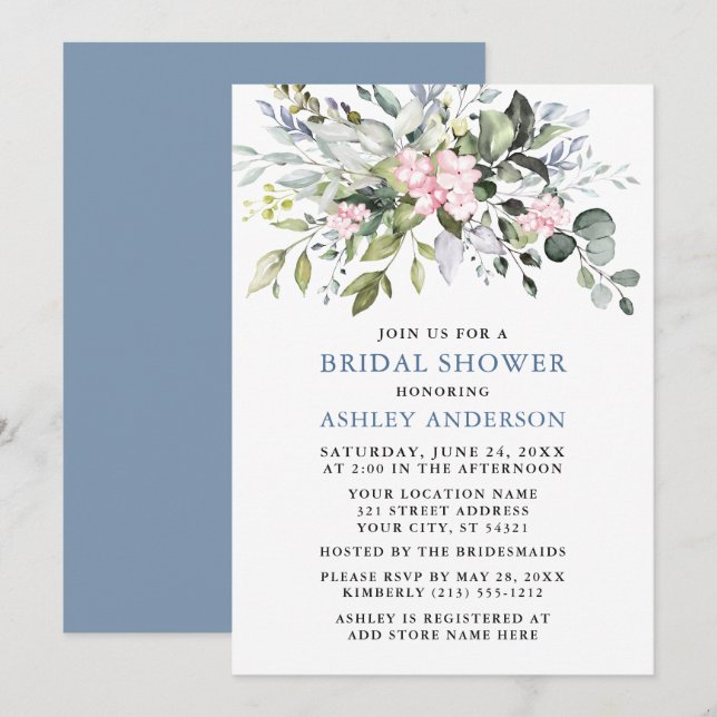 Invitación Vegetación acuática Dusty Blue Pink Bridal Shower (Anverso / Reverso)