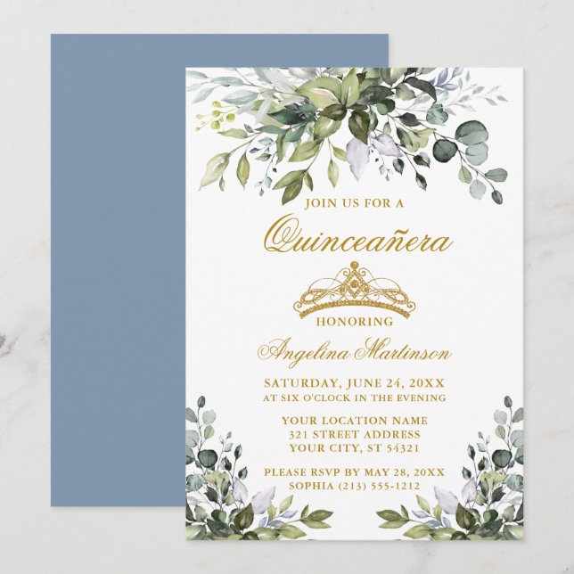 Invitación Vegetación acuática Dusty Blue Quinceañera Gold (Anverso / Reverso)