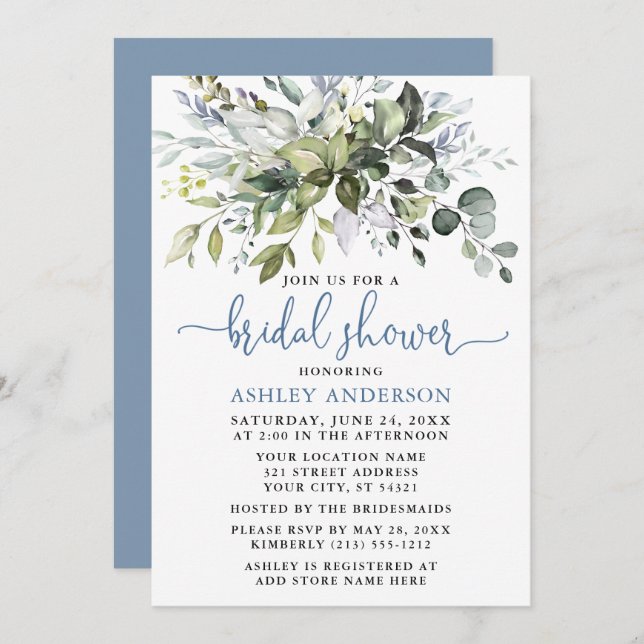 Invitación Vegetación acuática Dusty Blue Script Shower (Anverso / Reverso)