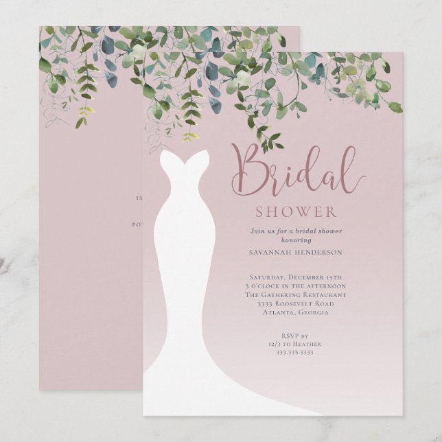 Invitación Vegetación acuática Dusty Pink Bridal Shower (Anverso / Reverso)