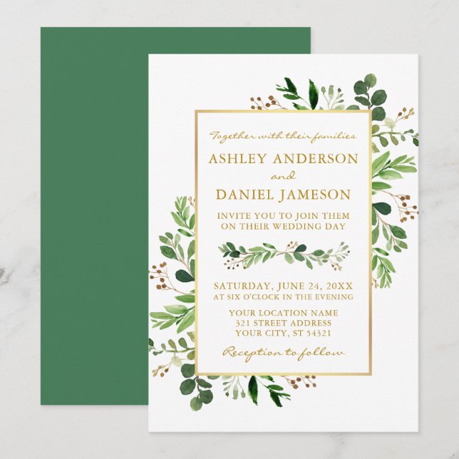 Invitación Vegetación acuática Eucalyptus Boda Gold (Anverso / Reverso)