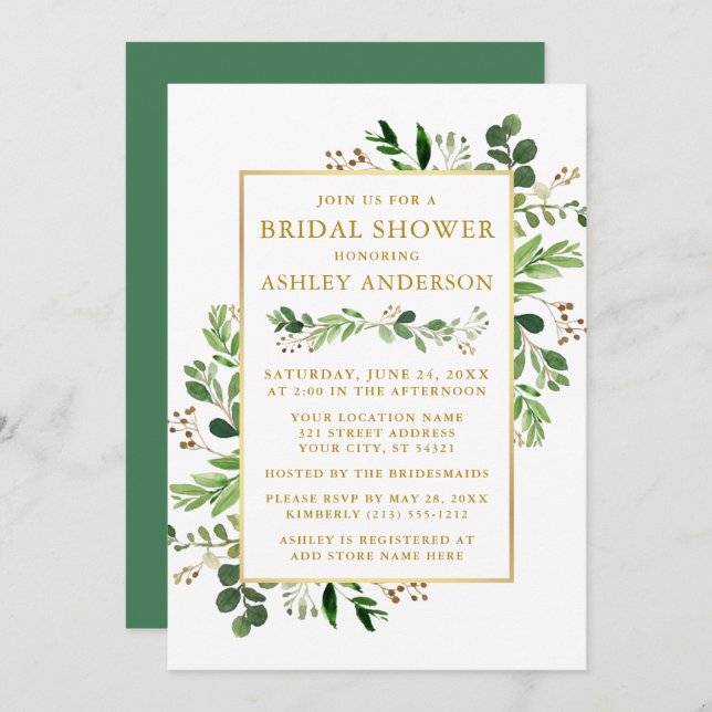 Invitación Vegetación acuática Eucalyptus Bridal Shower Gold (Anverso / Reverso)