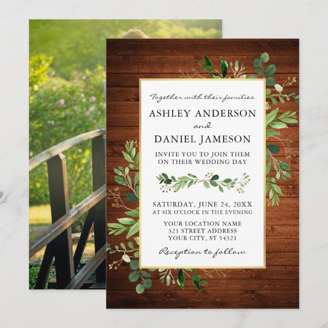 Invitación Vegetación acuática Eucalyptus Foto Boda de madera (Anverso / Reverso)
