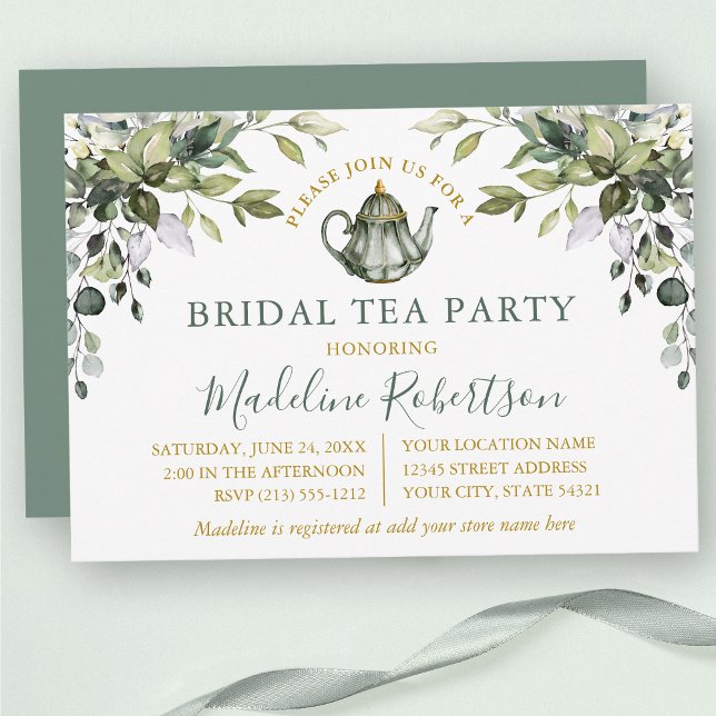 Invitación Vegetación acuática Fiesta de té de novia Sage Gre (Customize to change text color, text style or color of back of card.)