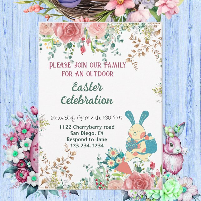 Invitación Vegetación acuática Floral Semana Santa Bunny Huev (Watercolor Greenery Floral Easter Bunny Eggs Cute Invitation)