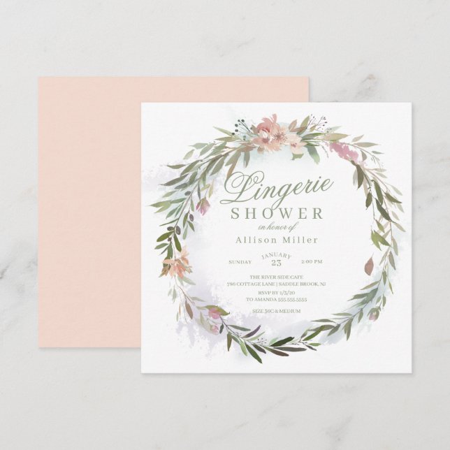 Invitación Vegetación acuática Floral Wreath Lingerie Shower (Anverso / Reverso)