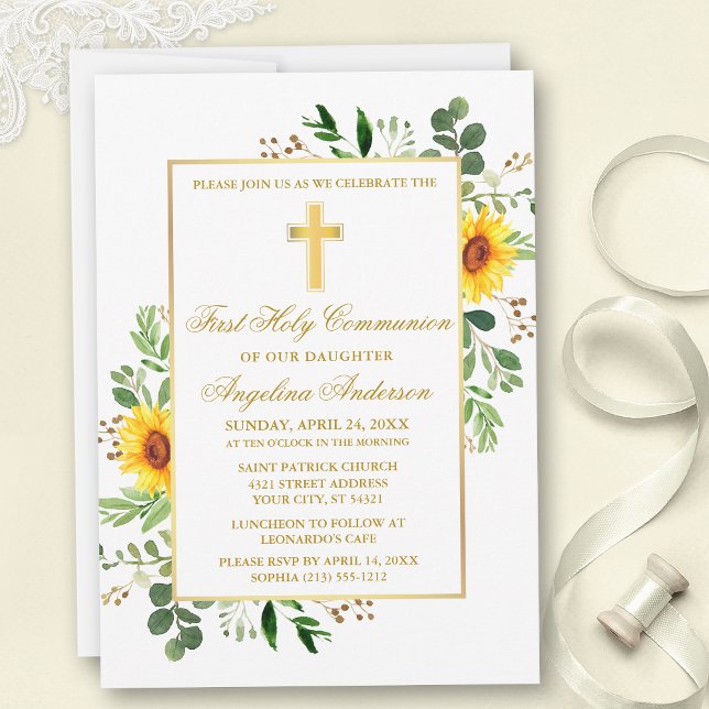 Invitación Vegetación acuática girasoles primera comunión (Customize to change text color, size, style or to add photos or more text to back of card.)