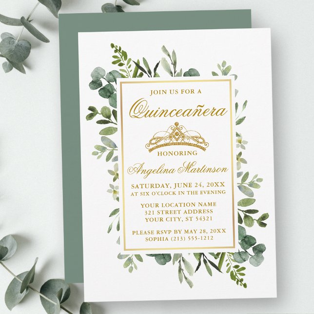 Invitación Vegetación acuática Quinceanera Gold Sage Green (Customize to change text color, style, add text & photos to back or change color of back of card.)