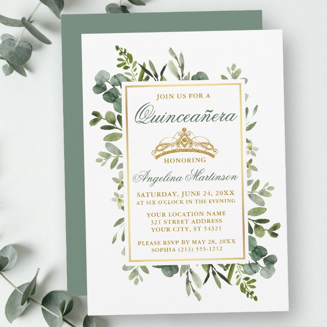 Invitación Vegetación acuática Quinceanera Sage Green Gold (Customize to change text color, style, add text & photos to back or change color of back of card.)