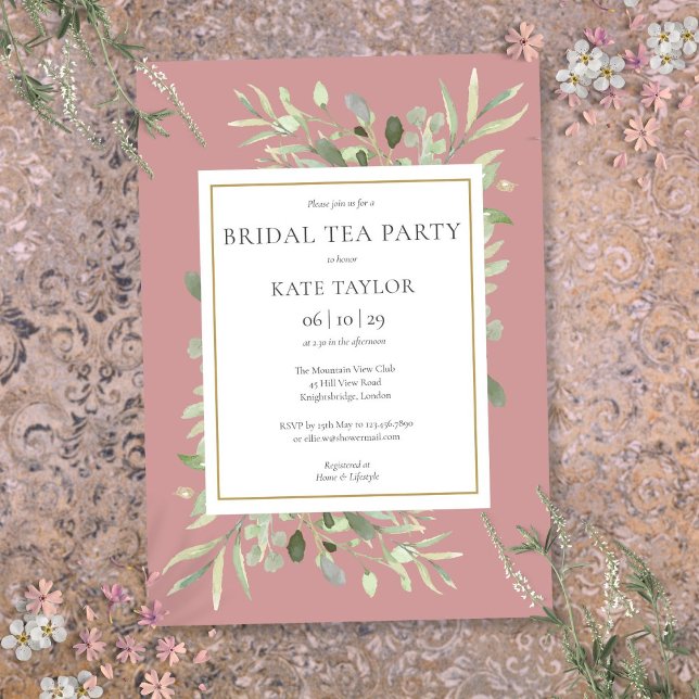 Invitación Vegetación acuática Rosa   Fiesta de té de novia (Watercolor Greenery Dusty Rose Bridal Tea Party Invitation)