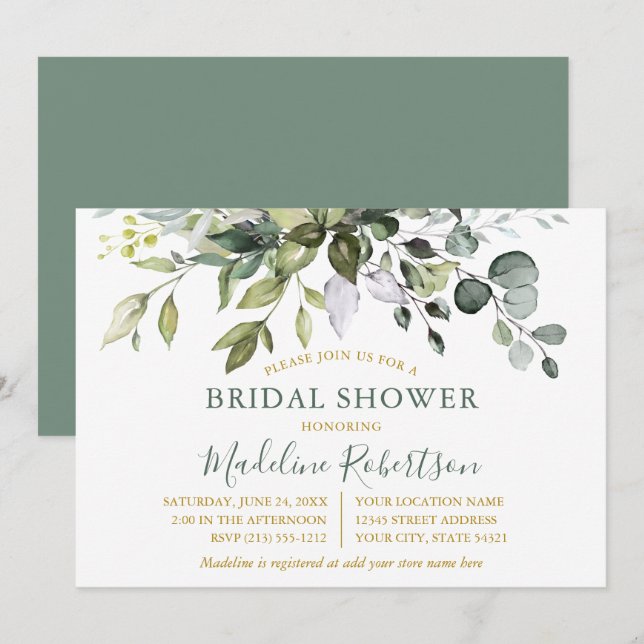 Invitación Vegetación acuática Sage Green Gold Bridal Shower (Anverso / Reverso)