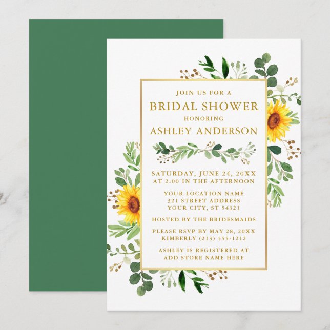 Invitación Vegetación acuática Sunflowers Bridal Shower Gold (Anverso / Reverso)