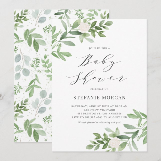 Invitación Vegetación acuática y Baby Shower floral blanco (Anverso / Reverso)