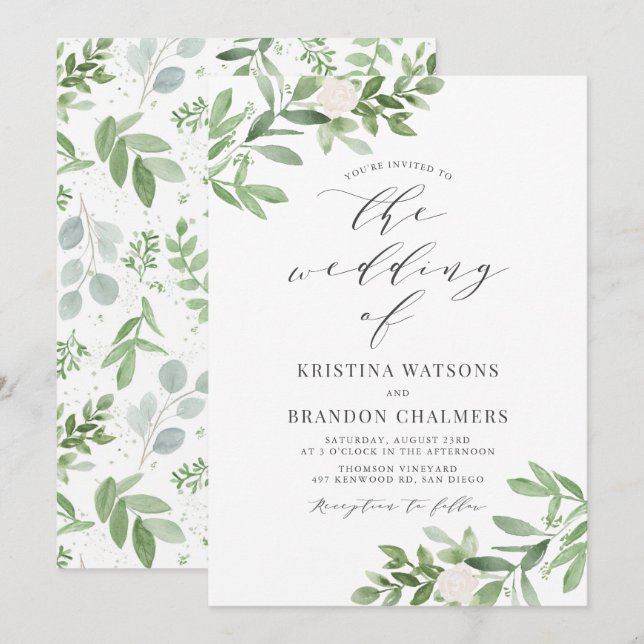 Invitación Vegetación acuática y Boda gris de flores blancas (Anverso / Reverso)