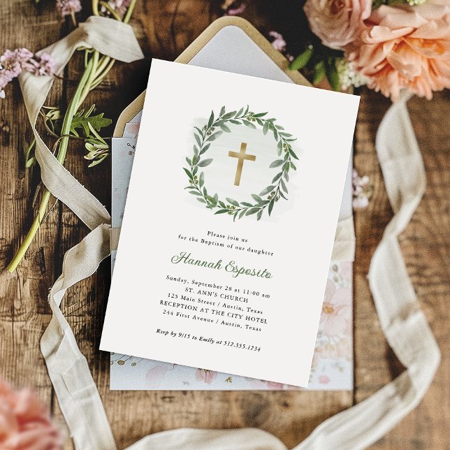 Invitación Vegetación acuática y cruz dorada | Bautismo (Subido por el creador)