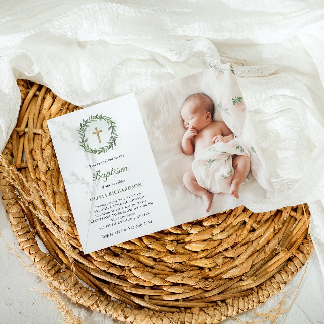 Invitación Vegetación acuática y cruz dorada | Bautismo fotog (Subido por el creador)