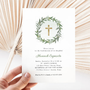 Invitación Vegetación acuática y cruz dorada Confirmación