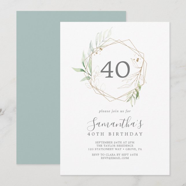 Invitación Vegetación aérea y hoja de oro 40 cumpleaños (Anverso / Reverso)