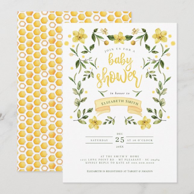 Invitación Vegetación amarilla Floral Bee acuarela (Anverso / Reverso)