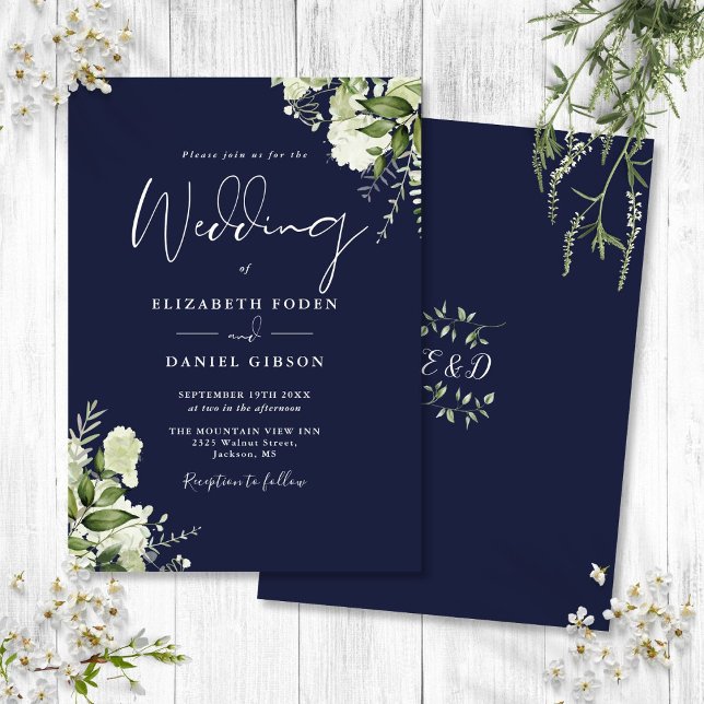 Invitación Vegetación azul marina deja Boda de monograma (Navy Blue Greenery Leaves Monogram Wedding Invitation)