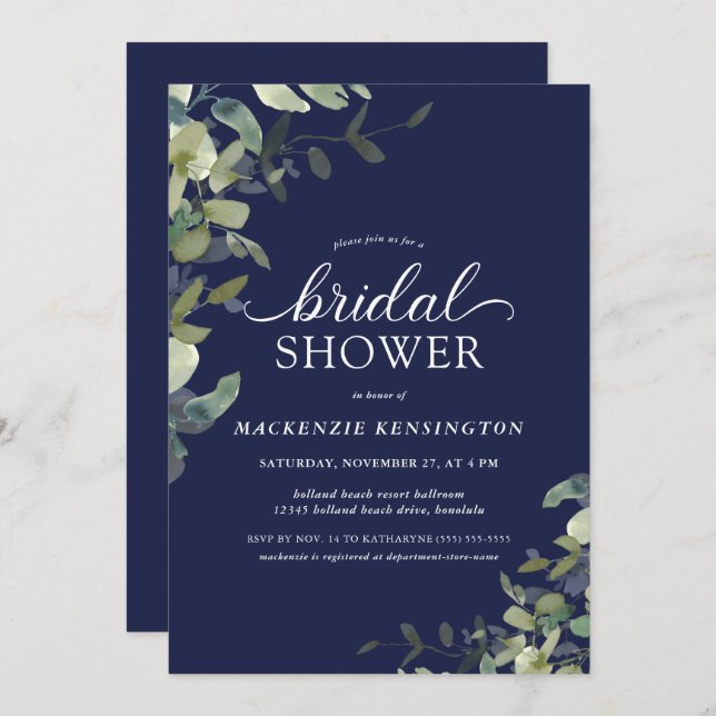 Invitación Vegetación Azul Marina Ducha Botánica Bridal (Anverso / Reverso)