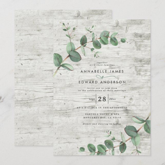 Invitación vegetación boda Eucalyptus madera botánica blanca (Anverso / Reverso)