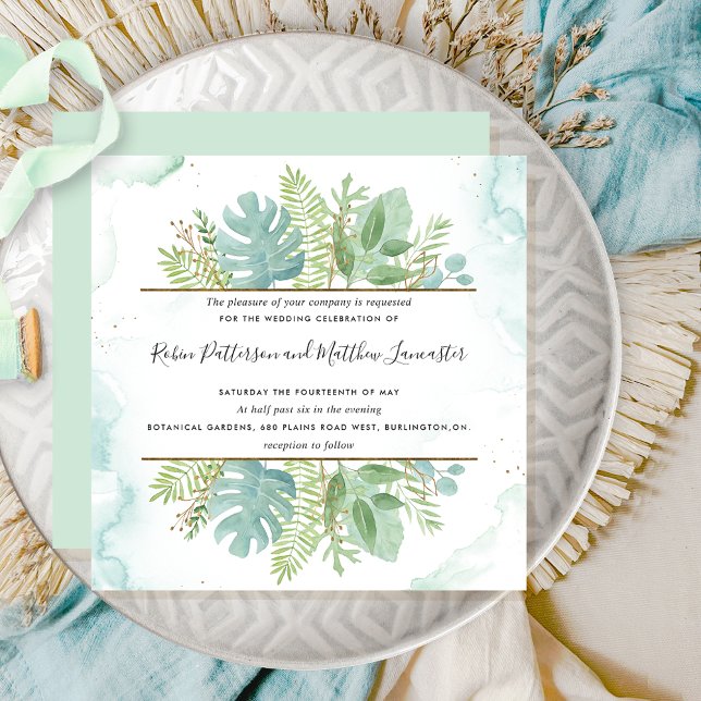 Invitación Vegetación botánica, Boda de acuarela azul verde (Subido por el creador)