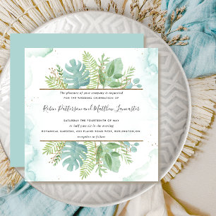 Invitación Vegetación botánica, Boda de acuarela verde azul