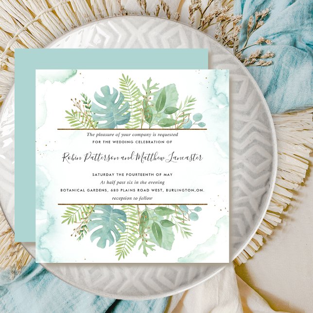 Invitación Vegetación botánica, Boda de acuarela verde azul (Subido por el creador)