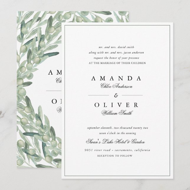 Invitación Vegetación Botánica de la Rama del Olivo Boda eleg (Anverso / Reverso)
