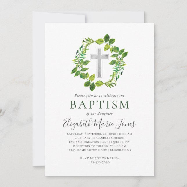 Invitación Vegetación Botánica Simple Wreath Cross Baptism (Anverso)
