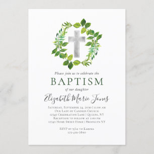 Invitación Vegetación Botánica Simple Wreath Cross Baptism