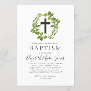 Invitación Vegetación Botánica Simple Wreath Cross Baptism