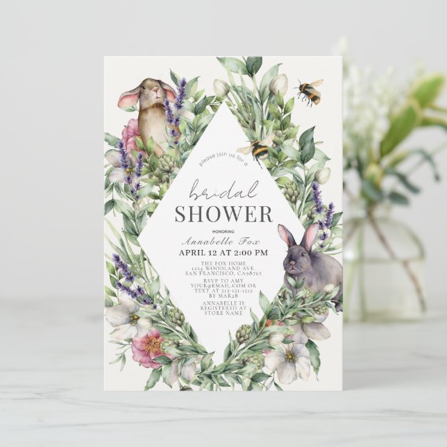 Invitación Vegetación Bunnies Primavera Bridal Ducha Invitaci (Anverso de pie)