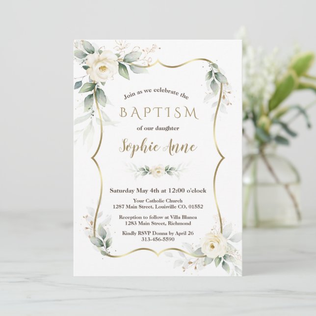Invitación Vegetación con aire de oro Bautismo floral de marf (Anverso de pie)