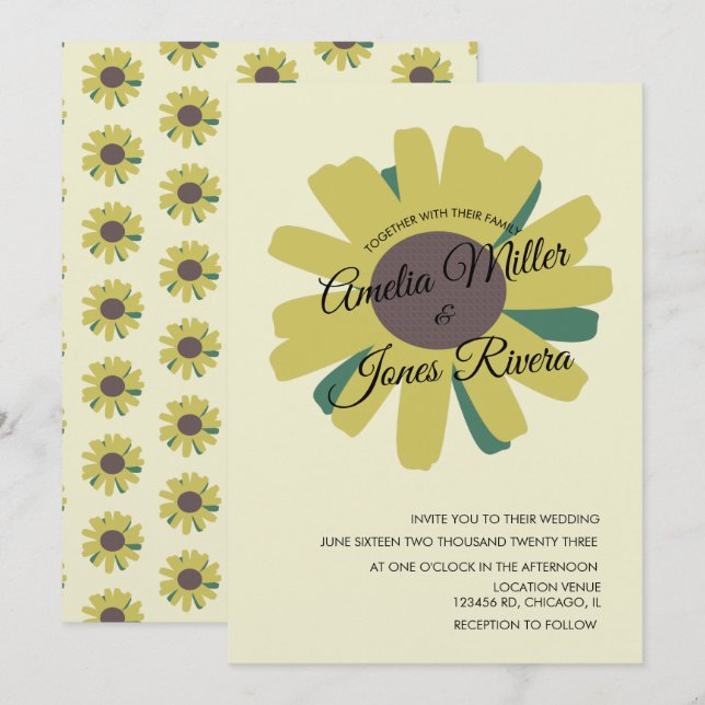 Invitación Vegetación con guión de girasol Boda ruso amarillo (Anverso / Reverso)