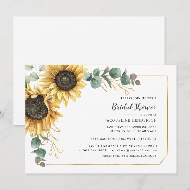 Invitación Vegetación de girasol Ducha nupcial floral Eucalyp (Anverso / Reverso)