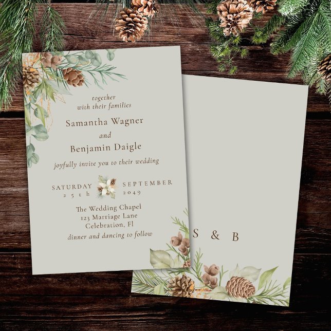 Invitación Vegetación de invierno Pine Beige Elegante Boda (Subido por el creador)